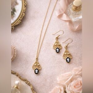 Vintage-Inspired Gold Filigree Cameo Necklace & Earrings Set | Feminine